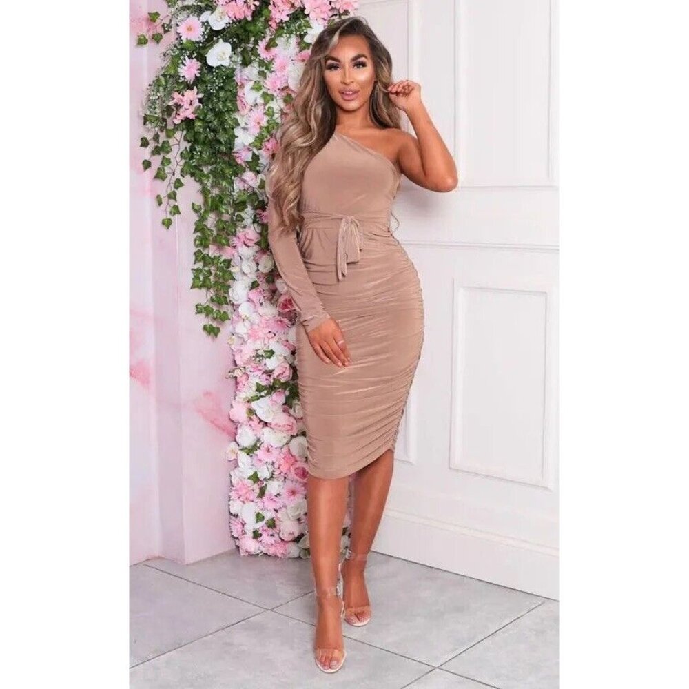 Missguided Beige One Shoulder Ruched Slinky Midi‎ Dress Size 4